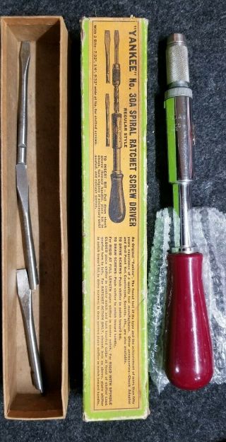 Vtg " Yankee " No.  30a Spiral Ratchet Screw Driver With 3 Flat Bits