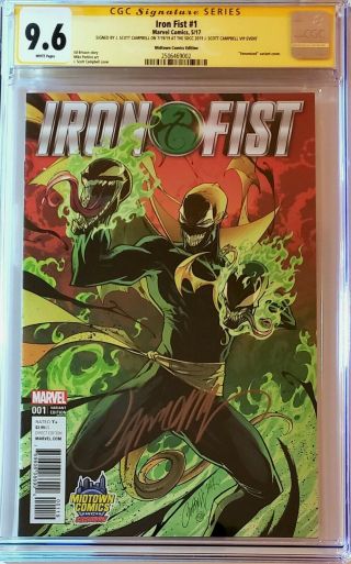 Iron Fist 1 Venomized Cgc 9.  6 J.  Scott Campbell Signed Midtown Comics Edition
