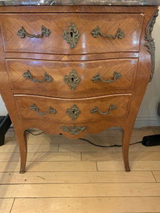 Antique Three Drawer Nightstand With Marble Top.  Ornate Handles.  So. 2