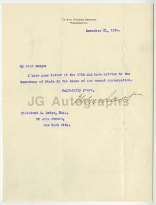 Elihu Root - U.  S.  Senator,  York - Signed Letter - 1910 To Cleveland Dodge