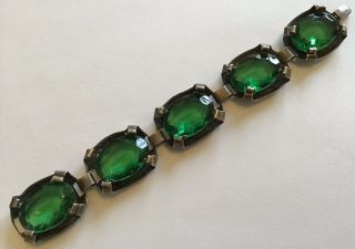 Vintage Art Deco Sterling Silver Emerald Green Rhinestone Bracelet