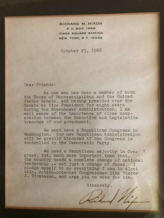 President Richard Nixon Signed Letter And Photo.  From 1968 In Matted Frame