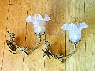 Vintage French Brass Golden Wall Lights & Glass Shades Rewired