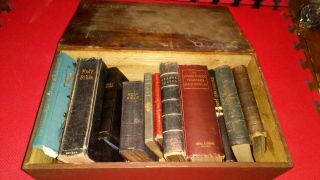 19 Th Century English Antique Boarded Bible Box With Bibles,  And Books