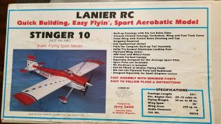 Vintage 36 " Lanier Stinger 10 Rc Remote Control Balsa Wood Airplane Kit