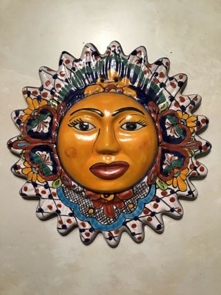 Mexican Pottery Sun Face Talavera Hanging Wall Art 9 " Hand Painted Ceramic