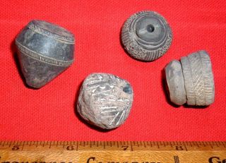 (4) Etched Terracotta Spindle Whorl Beads From Mali,  Collectible African Beads