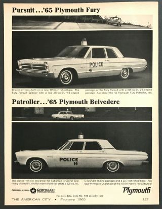 1965 Plymouth Belvedere Pursuit Patrol Police Car 2 Photo Vintage Print Ad