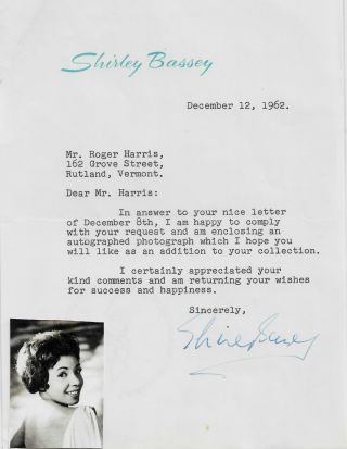 Dame Shirley Bassey - Hand Signed Typed Letter On Personal Letterhead/1962 Bond.