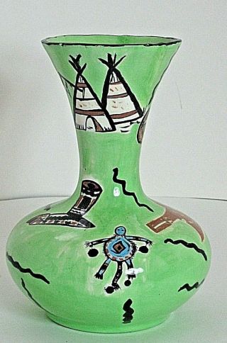 Vase Light Green Ceramic Native American Motif Feather Drum Canoe 9.  25 " T Vtg