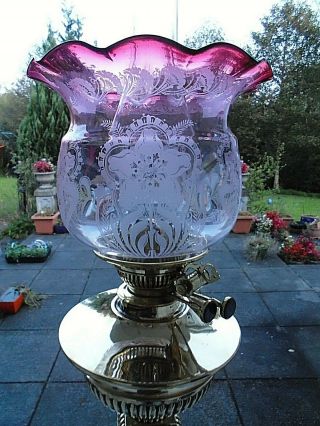 A Victorian Etched Dimple Cranberry Twin Duplex Oil Lamp Shade.