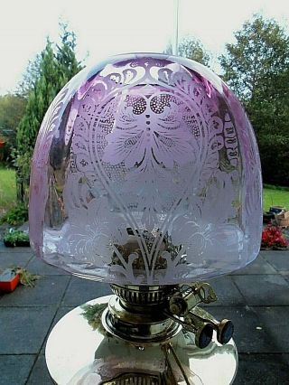A Victorian Etched Beehive Cranberry Twin Duplex Oil Lamp Shade.