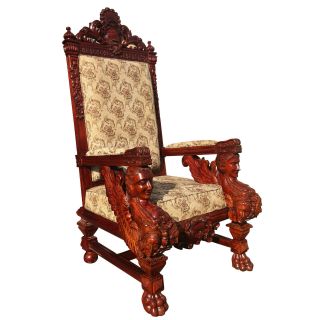 Gothic English Mahogany Heavily Carved Victorian Style Captain Throne Chair