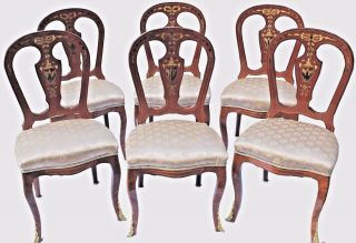 Antique Louis Xvi Style Mahogany Dining Chairs W/ Painted Inlay - Set Of Six