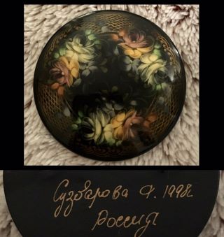 Vintage Hand Painted Artist Signed Russian Lacquer Floral Brooch 2 " Nos Russkia