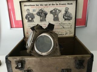Antique Wwi American Lafrance Fire Engine Us Military Gas Mask Wit Wood Box Case