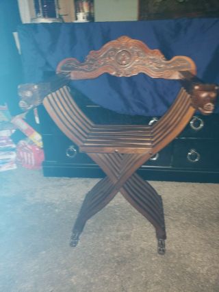 Vintage Carved Oak Italian Savonarola Folding Scissor Chair Lion Head Arms