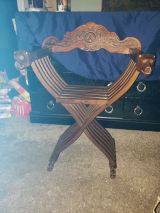 Vintage Carved Oak Italian Savonarola Folding Scissor Chair Lion Head Arms 2