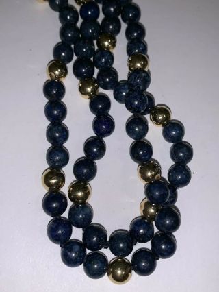 Vintage Lapis Lazuli & 14k Gold Bead Strand Necklace,  14k Gold Clasp - 32” Long