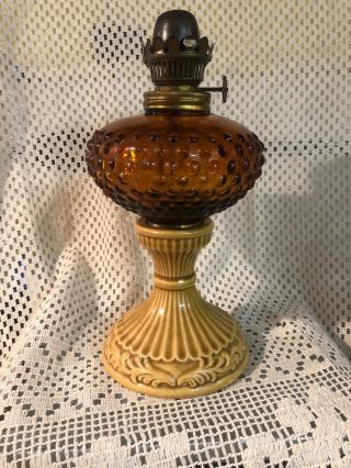 Vintage Amber Hobnail Ceramic Glass Miniature Kerosene Oil Lamp Wedding