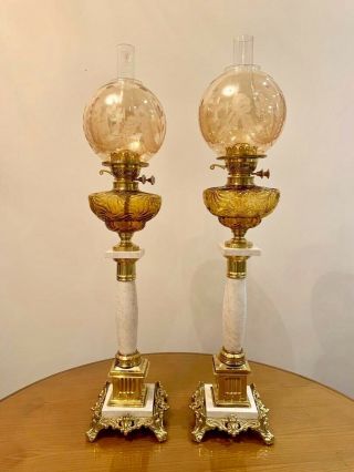 Huge Oil Lamps With 4”cut Glass Shades & Baccarat Style Font