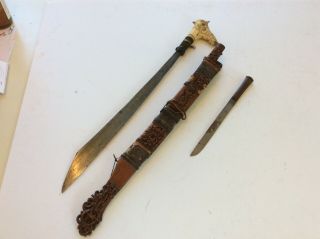 Old Antique Indonesian Borneo Dayak Dyak Mandau Sword Handle Scabbard