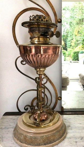 Antique Copper And Brass Arts And Craft Oil Lamp With Burner