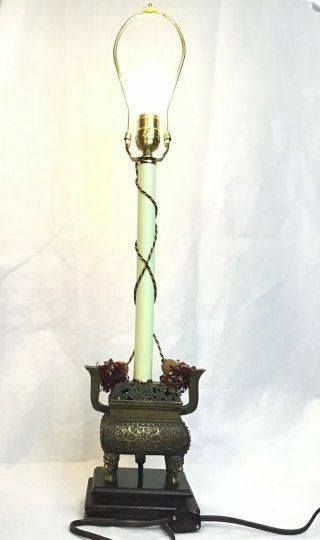 Chinese Brass? Bronze Copper Chest Dark Red Wood Tassel Table Lamp 2way No Shade