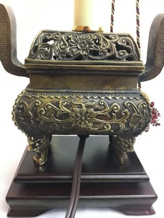 Chinese Brass? Bronze Copper Chest Dark Red Wood Tassel Table Lamp 2Way No Shade 2