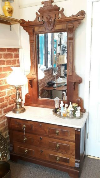 Antique Walnut Victorian Marble Top Dresser