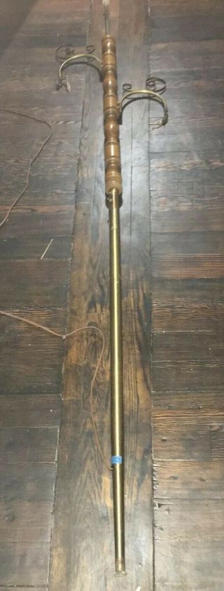 Mid Century Tension Pole Lamp Wood & Brass Tone Add Your Own Lights