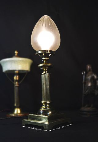 Rare Edwardian 1910s Heavy Brass Corinthian Column Lamp Opaque Cut - Glass Shade