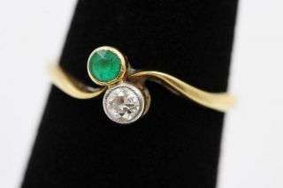 Vintage Estate 14k Solid Yellow Gold Emerald & Diamond Size 5.  25 Bypass Ring