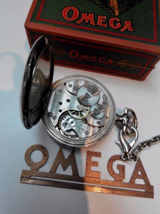 Vintage Mens Pocket Watch Omega Swiss Made Open Face Box Chain