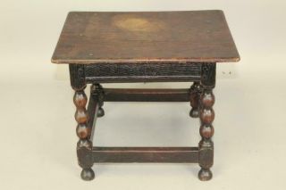 VERY RARE 17TH C PILGRIM JOINED FOOT STOOL IN OAK WITH MOLDED APRONS OLD SURFACE 3