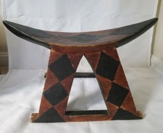 Vintage African Tribal Carved Wood Headrest Stool With Decorative Motifs