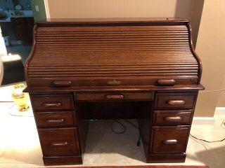 Solid Oak Roll Top Desk Plus Matching Chair