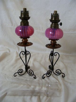 Pair Antique Art Nouveau Cranberry Glass Oil Lamps C1900