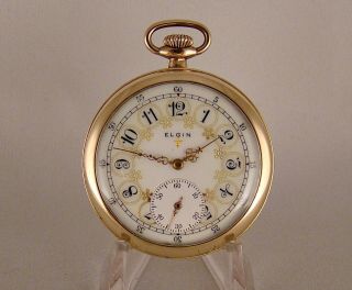 105 Years Old Elgin 10k Gold Filled Open Face Fancy Dial Great Pocket Watch