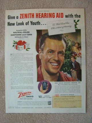 Vintage 1944 Zenith Radionic Hearing Aid Christmas Gift Hard - Of Hearing Print Ad
