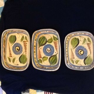 Vintage Painted Mexico Clay Pot Dishes Set Of 3