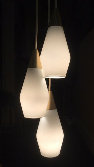 Vtg Mid Century Modern Triple Drop Pendant Glass Chandelier Ceiling Light