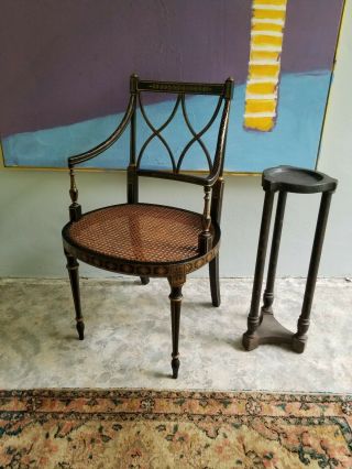 Black And Gold Vintage Antique Regency Style Cane Arm Chair /desk/ Side Chair