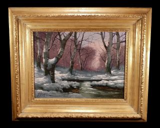 Vintage Winter Snowy Creek Landscape Oil Painting Bela Gabris Hungarian Artist