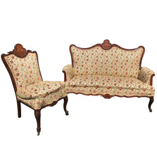 Antique French Victorian Carved Parlor Settee & Chair Set