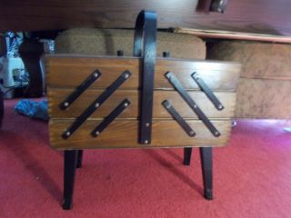 Vintage Wood 3 Tier Fold Out Accordion Sewing Box Basket - Poland