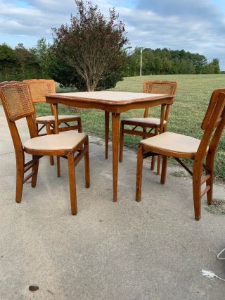 Vintage Mid Century Modern Stakmore Folding Table W/ 4 Folding Cane Back Chairs