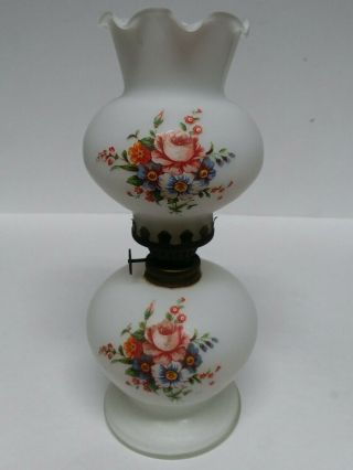 Vintage White Frosted Satin Glass Kerosene Oil Hurricane Lamp W/ Flowers