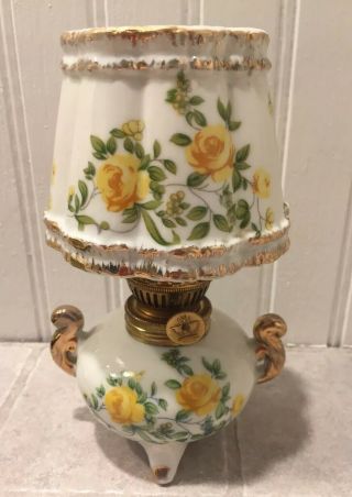 Small Vintage Oil Lamp ‘japan’ White With Yellow Painted Flowers 6.  25”