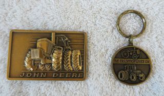 Vintage 1982 John Deere Belt Buckle Deere & Company And 1990 Key Chain,